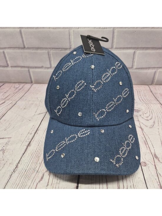 bebe Accessories - New BEBE Rhinestone Bling Blue Denim Women's Adjustable Hat~Spell Out All Over